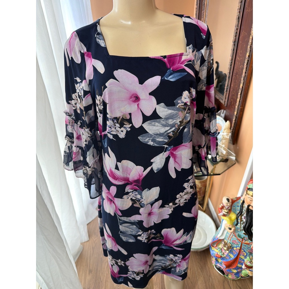 Glamour Nay Pink Floral Square Neck Dress Ruffle Bell Sleeve Sz 10 Wedding Guest